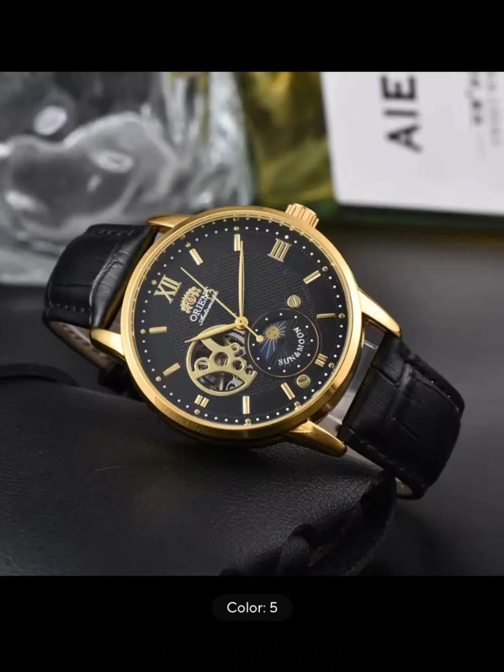 New Orient Gold-Tone Mechanical Watch with Black Dial and Black Leather Strap